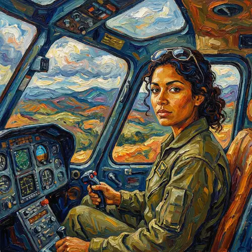 Van Gogh Style Female Hispanic Helicopter Pilot in Cockpit