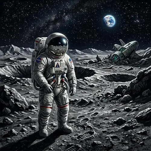 Lost Caucasian Astronaut on Moon's Barren Landscape - Digital Art