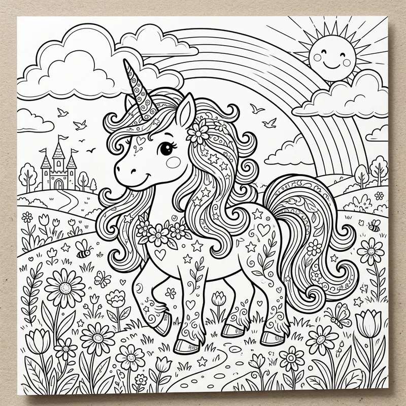 Detailed Coloring Page: Cute Unicorn in Scenic Meadow