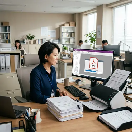 High-Speed Document Scanner: Professional Asian Woman in Office