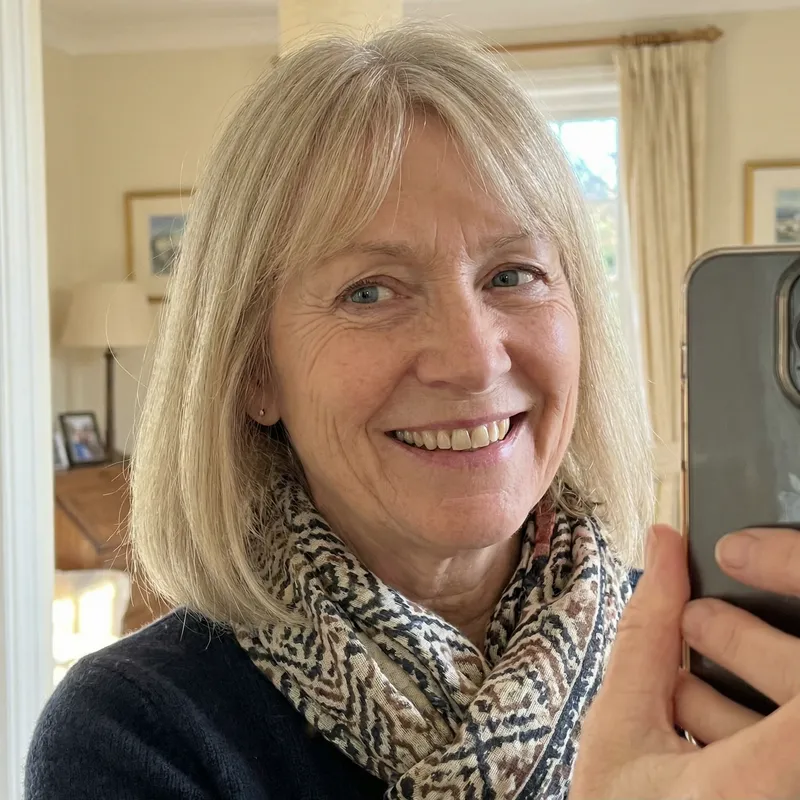 55-Year-Old Woman Self Portrait: Short, Light Hair, Blue Eyes, Fair Skin