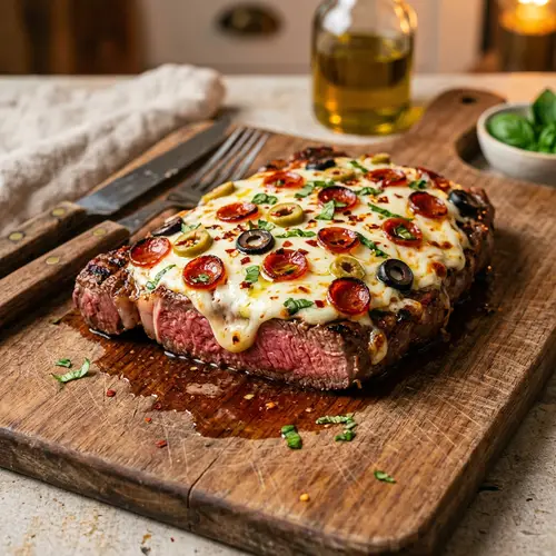 Succulent Steak with Pizza Toppings on Wooden Board