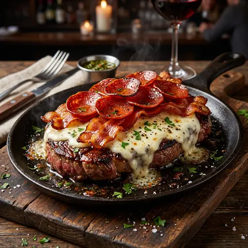 Juicy Steak with Melted Mozzarella, Bacon, Pepperoni