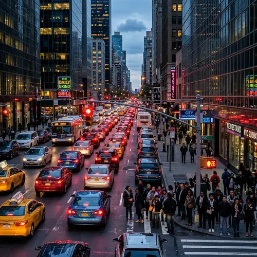 Vibrant City Traffic Scene: Cars, Pedestrians, and Neon Signs