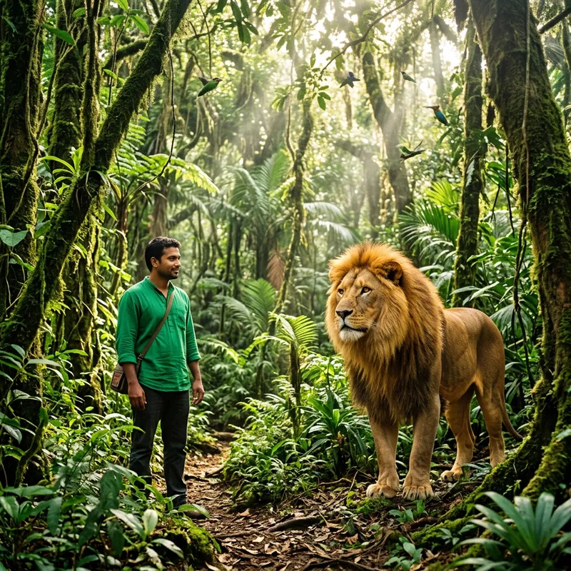 Man Encounter with Majestic Lion in Jungle