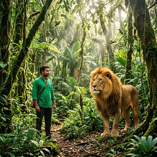 South Asian Man in Vibrant Green Shirt Encounters Majestic Lion in Jungle
