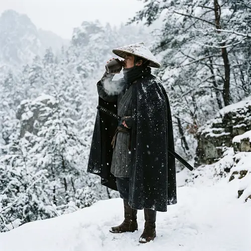 Asian Warrior in Snowfall Holding Wine Jug | Tranquil Winter Scene