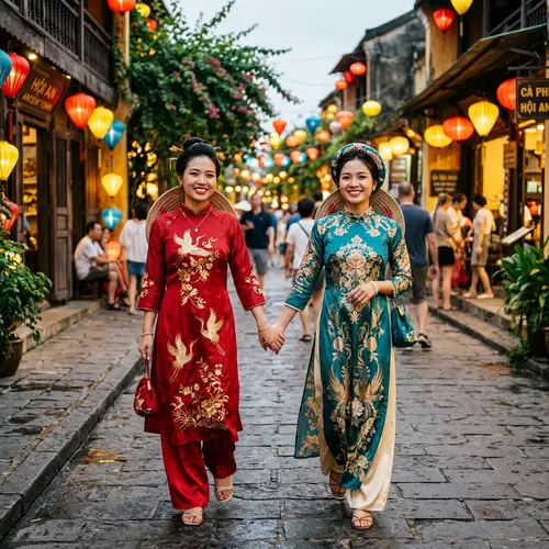 Vietnamese Women Holding Hands in Traditional Costumes