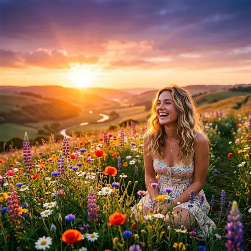 Youthful Vibrancy: Sunrise Over Vibrant Landscape with Colorful Wildflowers