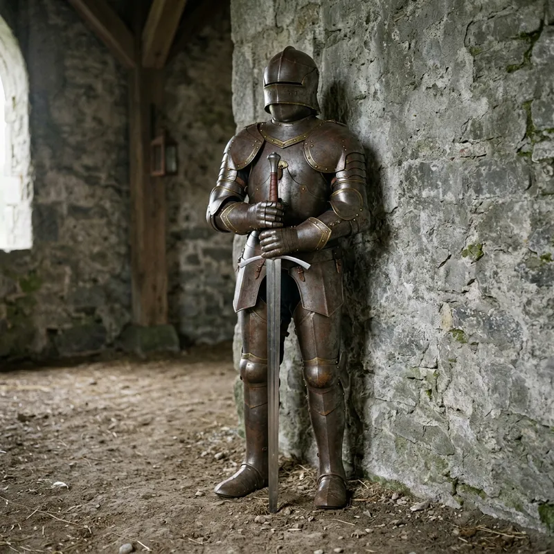 Medieval Knight Holding Two-Handed Sword by Wall Medieval Knight Holding Two-Handed Sword by Wall