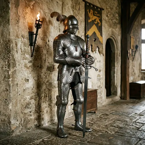 Intricately Designed Medieval Suit of Armor with Two-Handed Sword