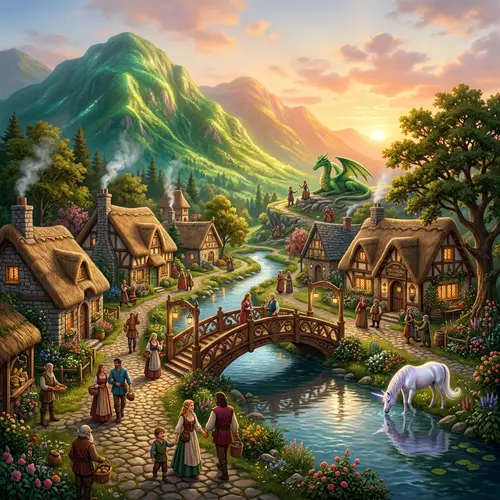 Enchanting Fantasy Village Amid Emerald Hills | Magical Creatures & Vibrant Life