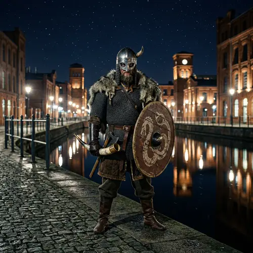 Menacing Scandinavian Viking Warrior in Old City - Lodz, Poland