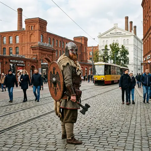 Viking in Lodz: Whimsical Time-Travel Scene | City Landmarks