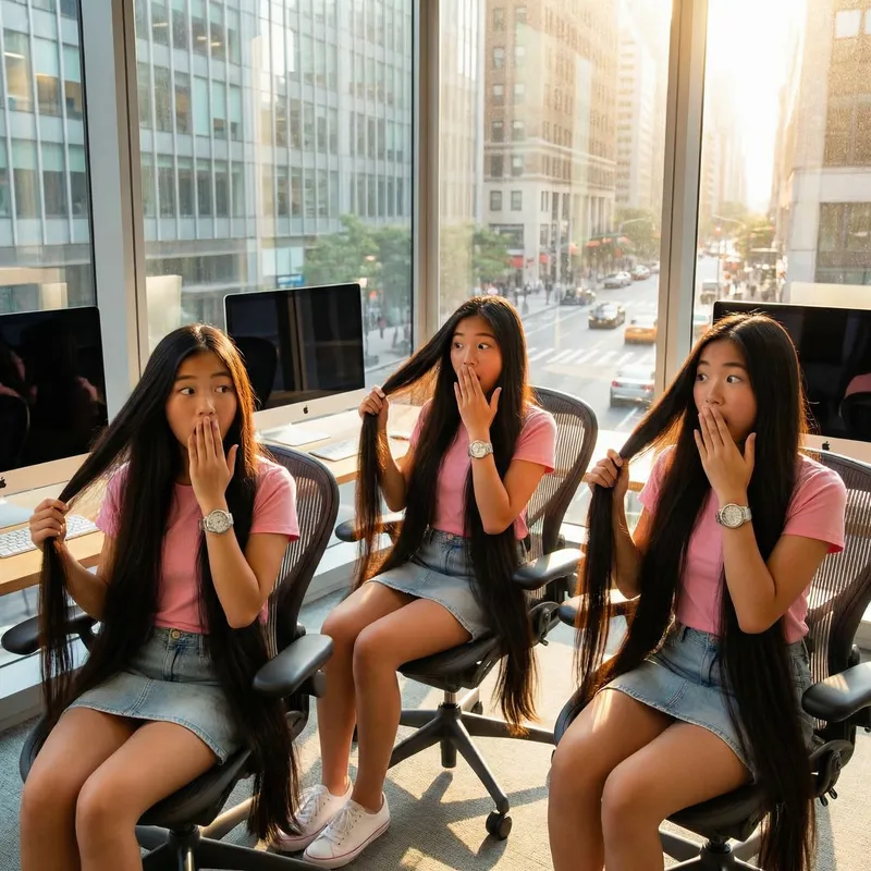Sunlit Office with Asian Teenage Girls in Pink T-Shirts
