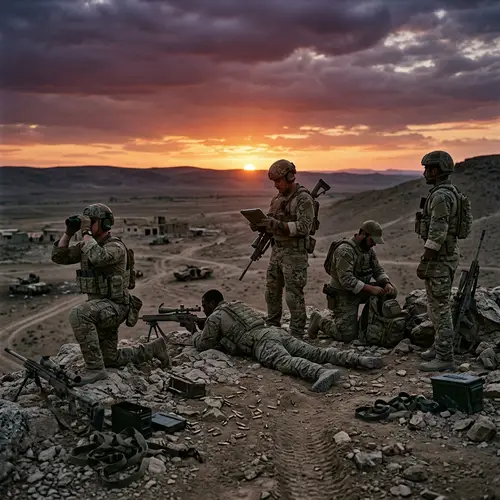 Team of Snipers at Sunset on the Battlefield