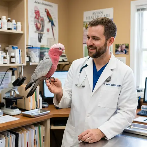 Vibrant Galah Bird perched on Male Veterinarian's Hand