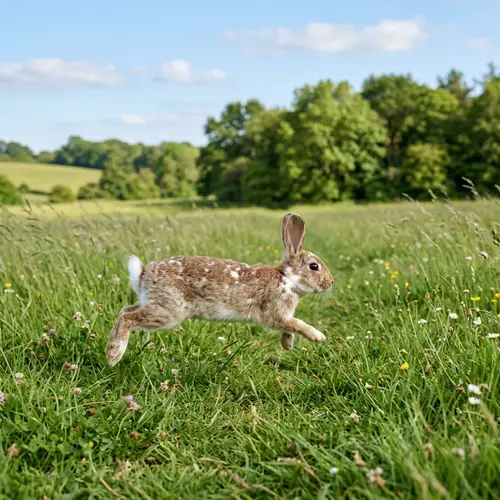 Spotted Light Brown Rabbit Hopping in a Field