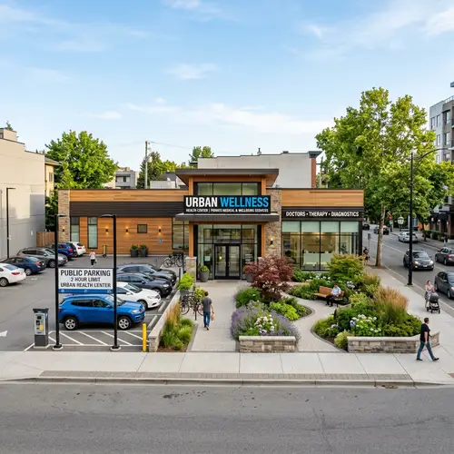 Private Urban Health Center with Front Garden and Parking Area