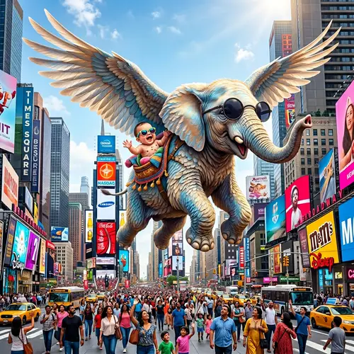 Flying Elephant Carrying Baby with Sunglasses in Times Square