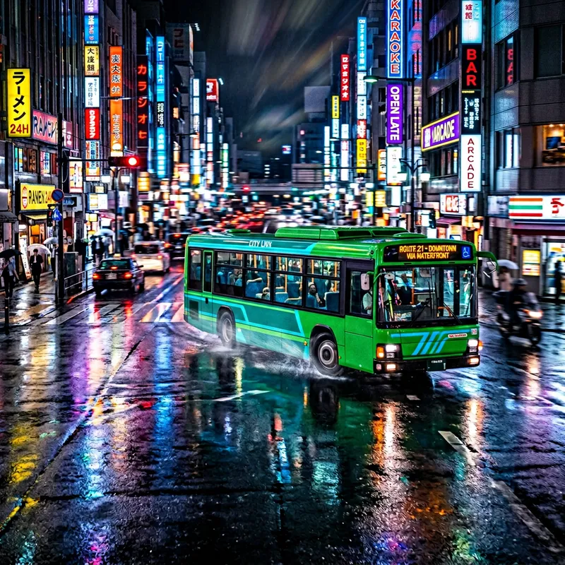 Turquoise Bus Speeding Through City Streets