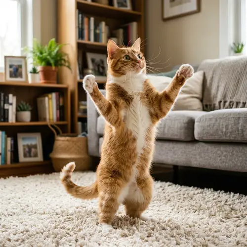 Playful Orange and White Cat Dancing in Cozy Home Setting