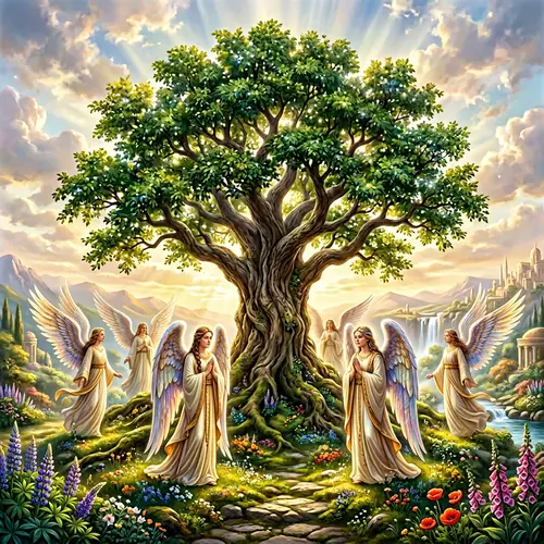 Tree of Life: Heavenly Scene with Lush Greenery and Ethereal Angels