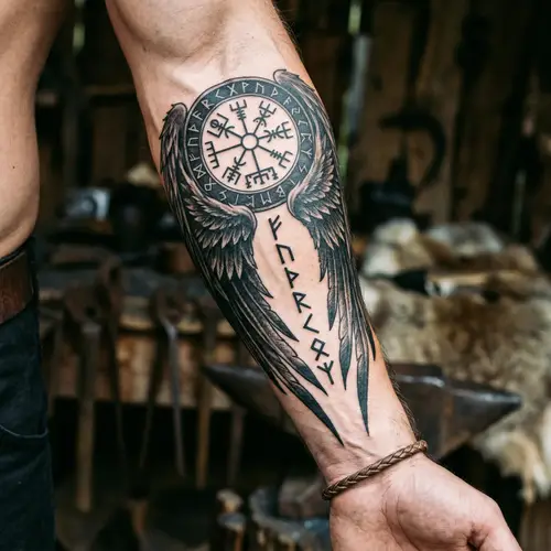 Viking Vegvisir Tattoo with Raven Wings Design