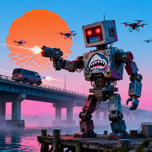 Cyberpunk Robot in Pixel Sunrise Scene