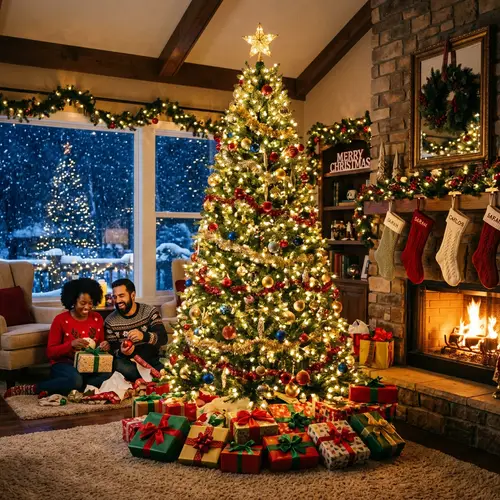 Festive Christmas Scene with Adorned Tree & Fireplace