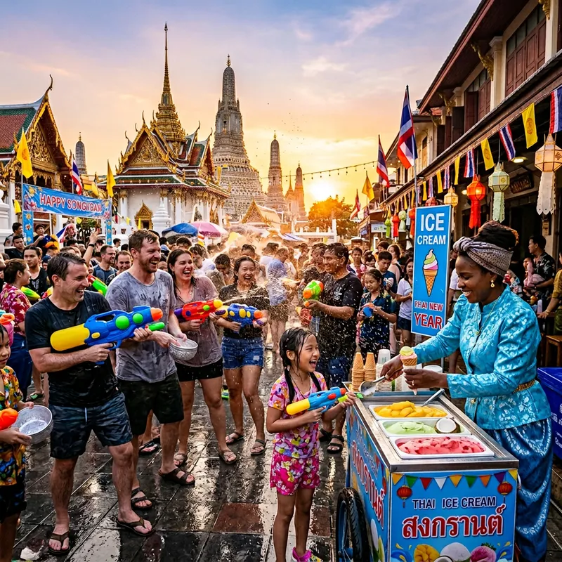 Vibrant Songkran Water Festival with Ice Cream Delights - Celebrating Thai New Year
