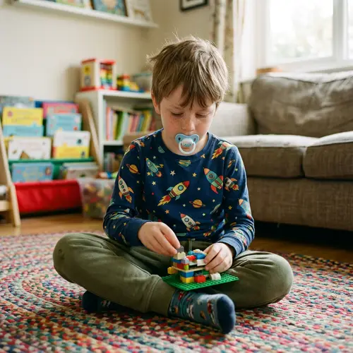 Focused Eight-Year-Old Boy with Blue Pacifier