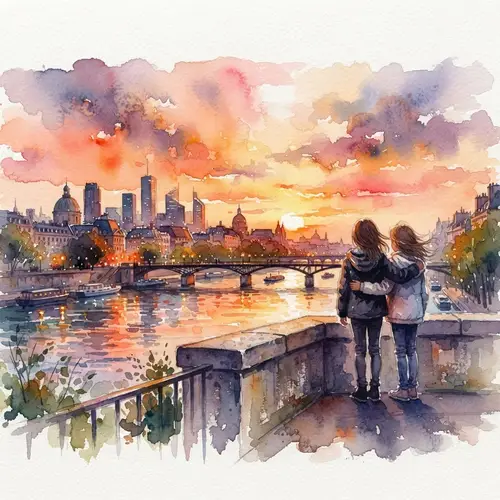 Watercolor Cityscape at Sunset with Two Girls
