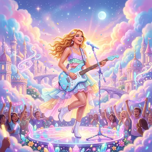 Dreamy Album: Pop Singer with Golden Hair Dancing in Cotton Candy Clouds