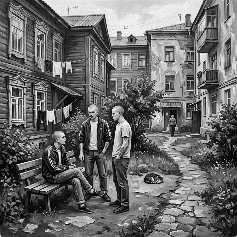 Monochromatic Painting of Skinheads in a Traditional Russian Courtyard