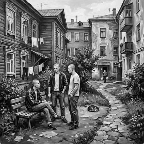 Monochromatic Painting of Skinheads in Russian Courtyard