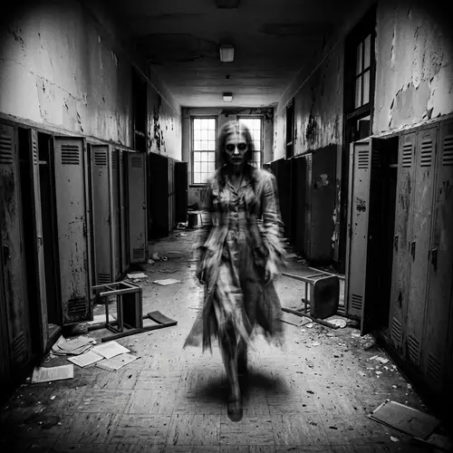 Eerie Black and White Photography of Spectral Figure in Abandoned School