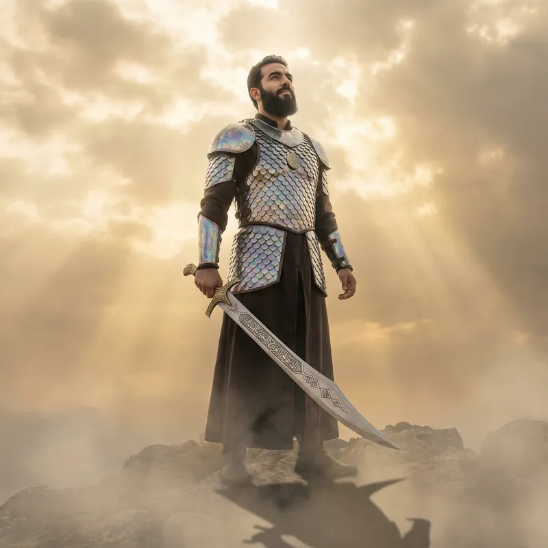 Warrior of God in Shimmering Armor - Divine Battle Scene Warrior of God in Shimmering Armor - Divine Battle Scene