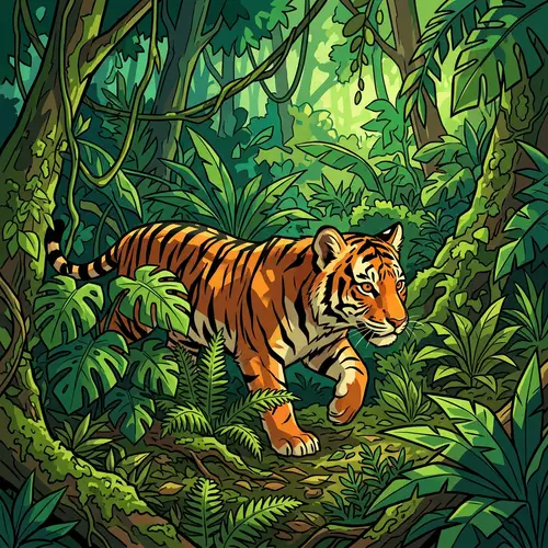 Camouflaged Juvenile Tiger in Lush Vegetation