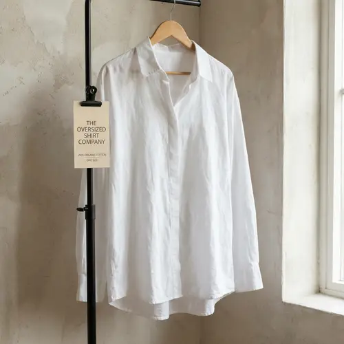 Oversized White Women's Shirt with Beige Tag Holder