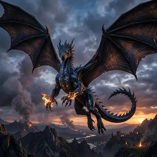 Black Dragon: Majestic Creature in Twilight Sky