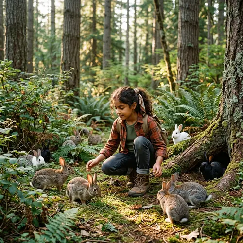 Girl in Forest with Rabbits: Enchanting Nature Scene