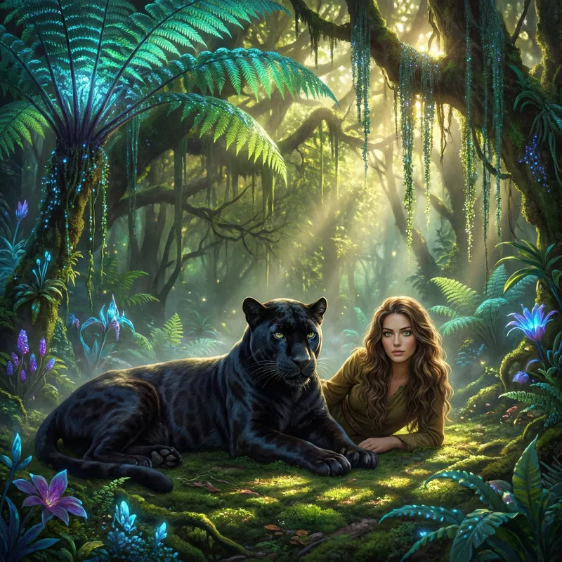 Graceful Black Panther in a Magical Jungle