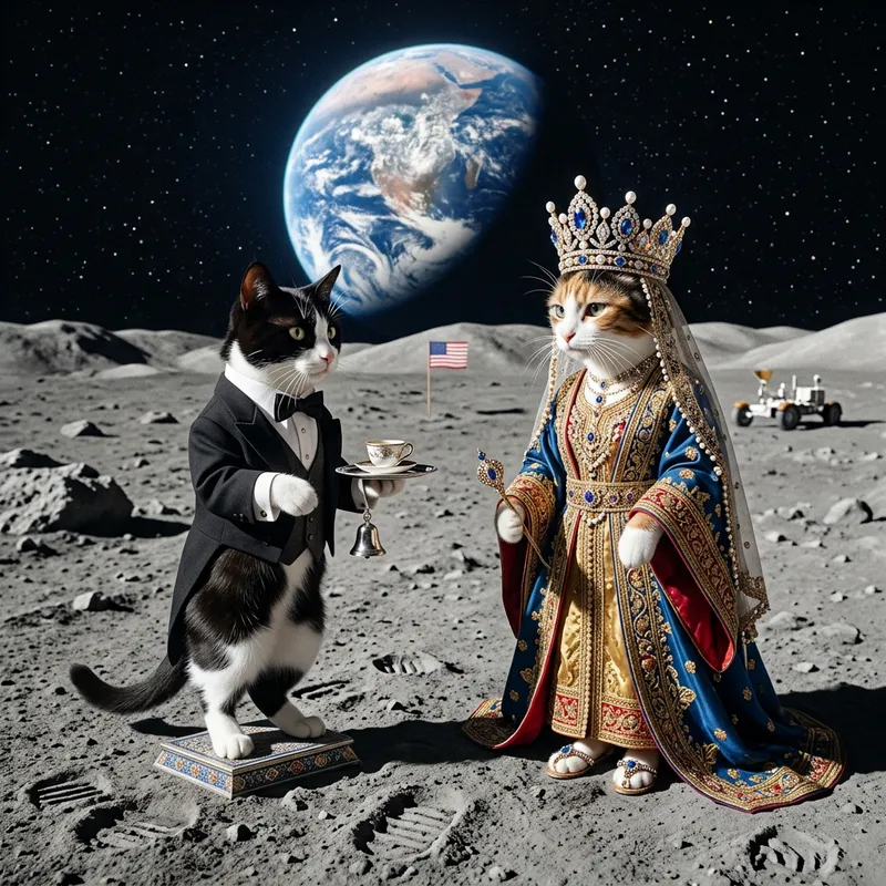 Cat on Moon with Butler Cat and Princess Cat in Levantine Robes