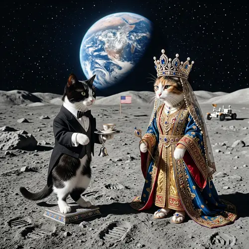 Cat on Moon in Butler's Outfit with Princess Cat in Levantine Robes