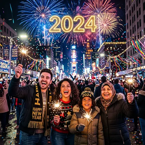 Diverse New Year Celebration with Fireworks Display 2024