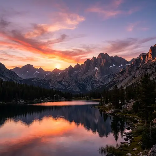 Tranquil Sunset Scene: Majestic Mountains in Lavender Sky