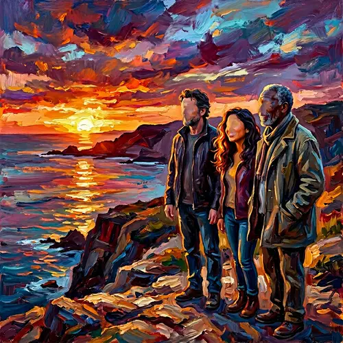 Tranquil Sunset Scene with Three Individuals