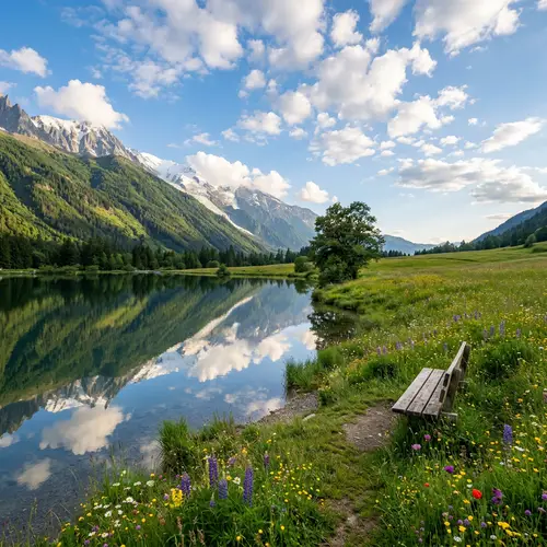 Tranquil Lake Landscape with Verdant Mountains and Meadow