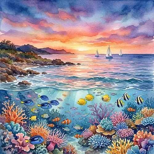 Ocean Dream Watercolor Fantasy Seascape at Dusk